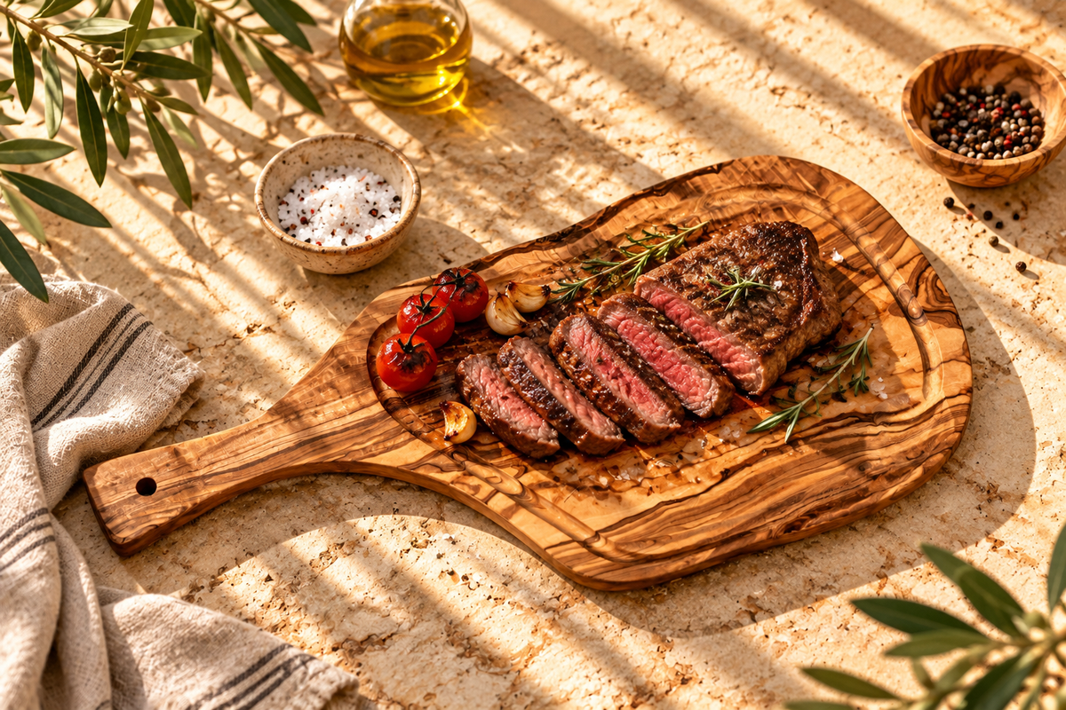 Steak board with handle and juice groove