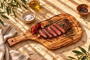 Steak board with handle and juice groove